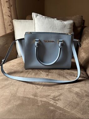 MICHAEL KORS Light Blue Saffiano Leather Satchel with Gold Accents
